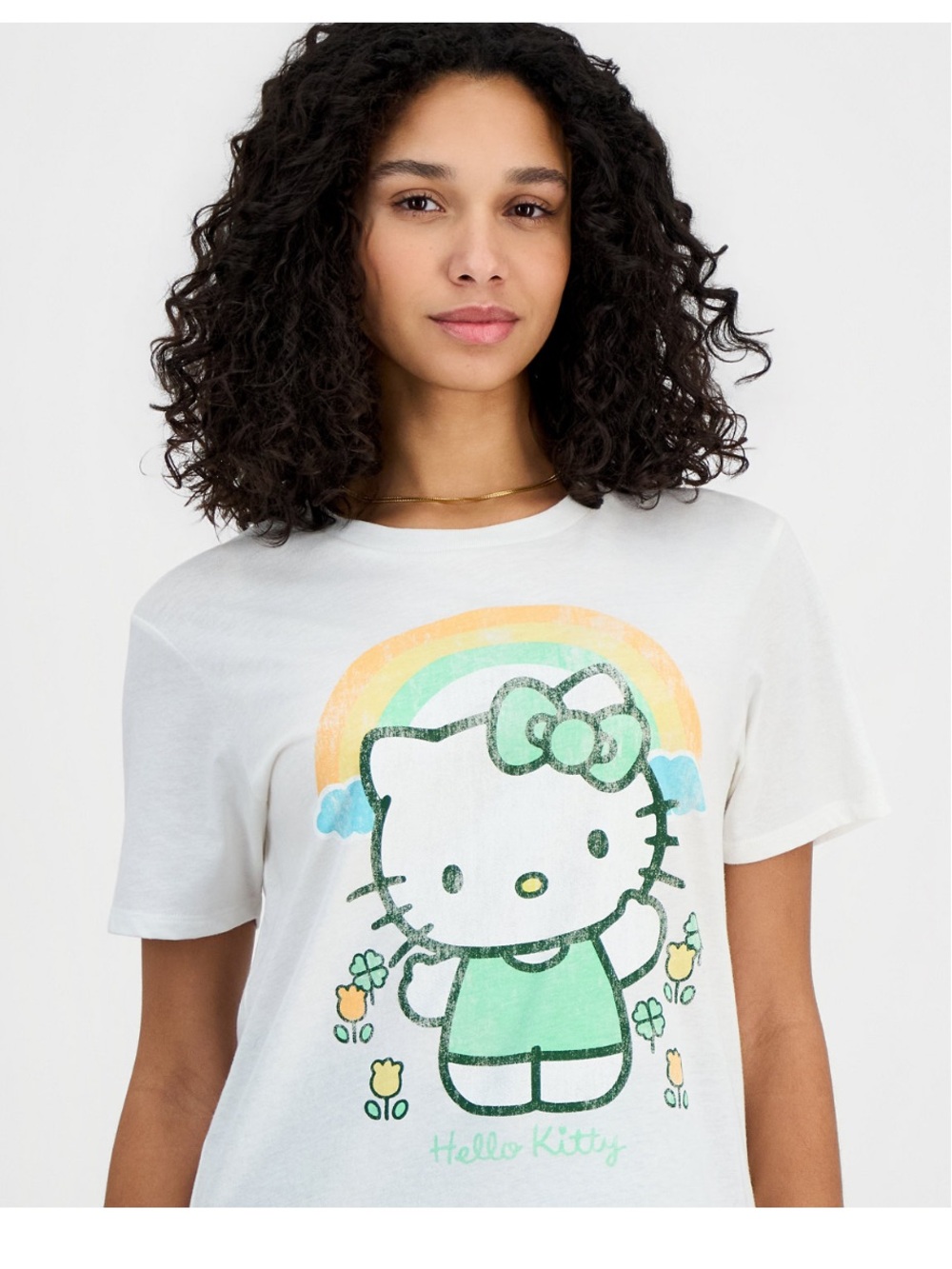 Hello Kitty Love Tribe White Tee with Pastel Rainbow and Hello Kitty Graphic